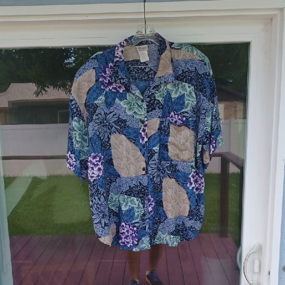 Blue and Beige Floral Button-Up Shirt